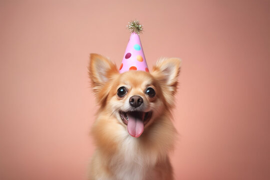 Chihuahua dog with birthday party hat on pastel background