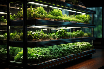Fototapeta premium Shelves with growing microgreens, vegetables. hydroponic urban farm. Generative AI