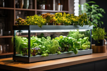 Fototapeta na wymiar Shelves with growing microgreens in a shop or cafe, hydroponic urban farm. Generative AI