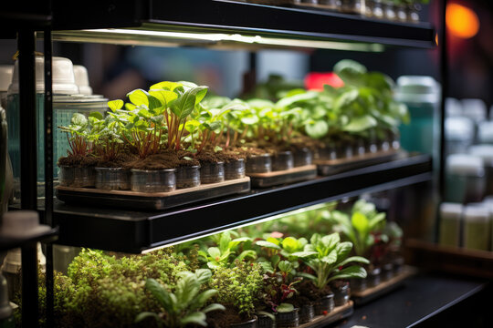Shelves with growing microgreens in a shop or cafe, hydroponic urban farm. Generative AI