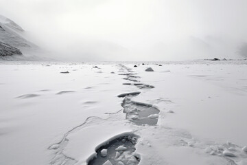 A view of a remote icy landscape with visible human footprints. Man's Mark on Fragile Icy Expanses