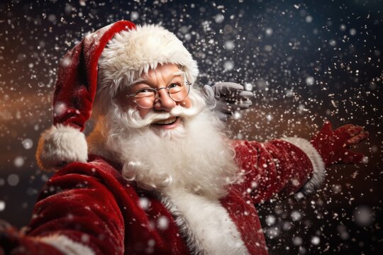 Happy Santa Claus outdoors in heavy snow.
