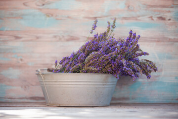 Freshly cut lavender on a garden table