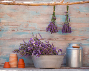 Freshly cut lavender on a garden table
