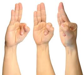 Hand in vayu mudra spiritual praying pray symbols shape on transparent background cutout, PNG file. Mockup template for artwork design. 3 angle perspective. Sign gestures concept