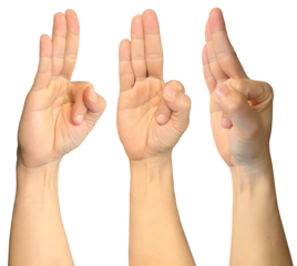 Hand in vayu mudra spiritual praying pray symbols shape on transparent background cutout, PNG file. Mockup template for artwork design. 3 angle perspective. Sign gestures concept