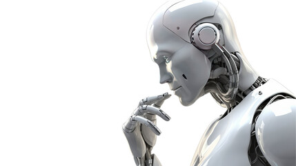 Thinking humanoid side view with white space, 3D render, isolated background.
