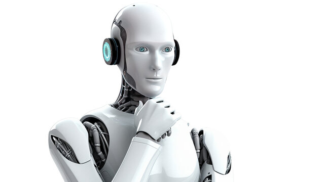 Thinking humanoid robot with white space, 3D rendering, isolated background.
