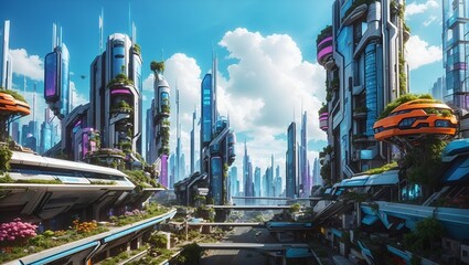 cityscape photo of the future city against a beautiful blue sky background in a cyberpunk style made by ai