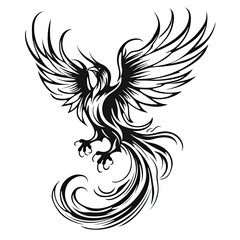 a drawing of a phoenix in black and white. Tattoo idea for a fantasy theme. - obrazy, fototapety, plakaty