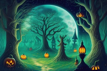 Background for Halloween. Dark mysterious forest with pumpkins on a spooky night. Generated by AI.