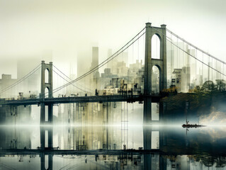 a city of the future with bridges, monochrome, reflection,