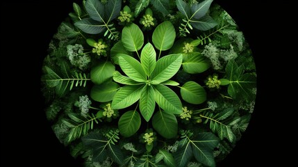 a circular arrangement of green leaves and flowers on a black background.  generative ai