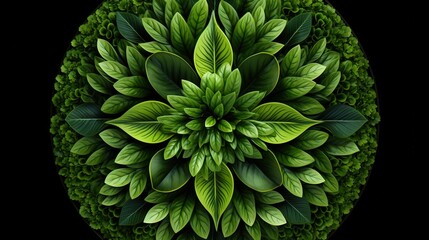 a circular arrangement of green leaves on a black background with a black background.  generative ai