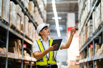 An Asian warehouse manager uses a tablet computer to inspect goods in a warehouse. Logistics and export business concept.