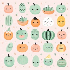 Fototapeta premium This whimsical illustration of a collection of cartoon pumpkins in vivid oranges and yellows captures the joy and spirit of halloween