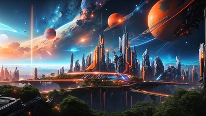 Obraz premium a photo of a future city view in outer space with a beautiful sky with lots of planets made by ai
