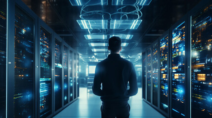 Cloud service engineer standing in front of a digital technology data center in server room. IT Engineer in big database server center office, High Speed Data Transfer, Server Transfer, Technology