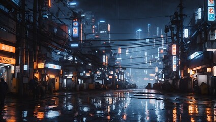Fototapeta premium future urban photo on a rainy night in cyberpunk style and made with ai