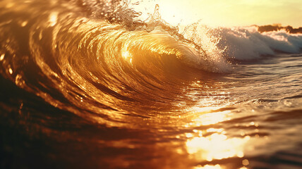 golden ocean wave at sunset. - obrazy, fototapety, plakaty