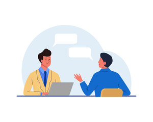 Job interview with the candidate. HR manager with laptop talking to a young man
