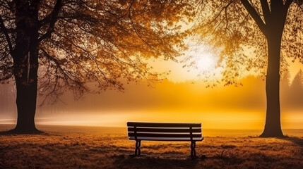 Fototapeta na wymiar landscape, bench and morning fog in autumn park at sunrise.