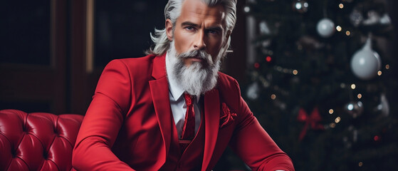 Handsome Santa Claus in elegant suit. AI Generated.