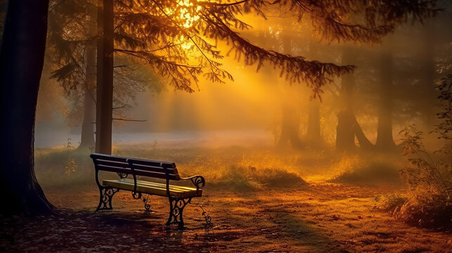 landscape, bench and morning fog in autumn park at sunrise.
