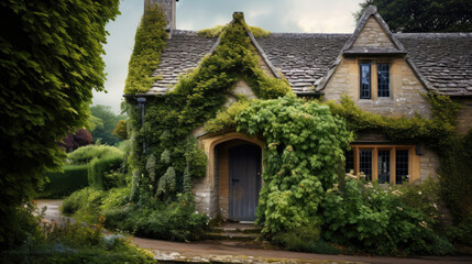 Fototapeta na wymiar A cozy English cottage with ivy-covered walls