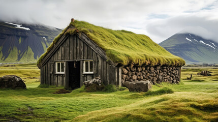 Fototapeta na wymiar A traditional Icelandic turf house with grass-covered roof