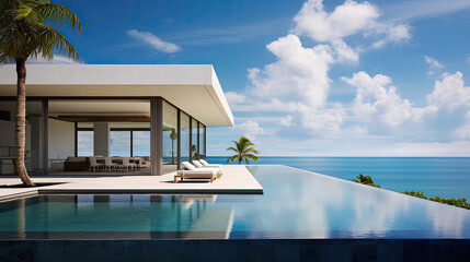 Fototapeta na wymiar A modern beachfront villa with infinity pool overlooking the Caribbean Sea
