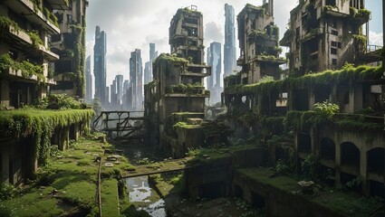 Naklejka premium A photo of the ruins of a dead city with lots of green mosses made with Ai