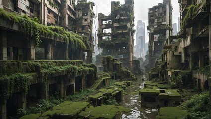Fototapeta na wymiar A photo of the ruins of a dead city with lots of green mosses made with Ai