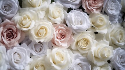 Colored roses festive wedding background, top view, white roses. AI generated.