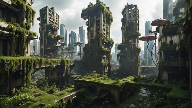 A photo of the ruins of a dead city with lots of green mosses made with Ai