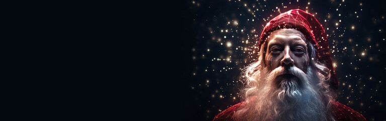 Christmas Santa Claus in new year close-up, dark abstract space background. AI generated.