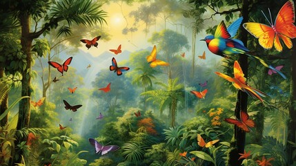Obraz na płótnie Canvas a painting of a jungle with many colorful butterflies flying around. generative ai