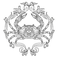 Crab and leaf hand drawn for adult coloring book