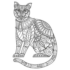 Fototapeta na wymiar Cat and jewelry hand drawn for adult coloring book