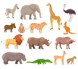 African animals set. Wild jungle fauna. Elephant, giraffe, buffalo, hippo, rhino, lion, antelope, ostrich, hyena, gorilla, monkey, crocodile, warthog, zebra. Flat vector isolated on white background