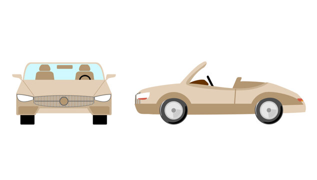 Cabriolet Side View And Front View. Isolated Template Of Cabriolet Car On White. Retro Automobile In Flat Style.