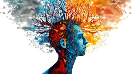 Abstract profile of a human head and consciousness with physical and chemical structures in the head, Person creative mind, Psychic waves concept, Generative AI illustration