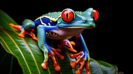  a frog with red eyes sitting on a green plant leaf.  generative ai