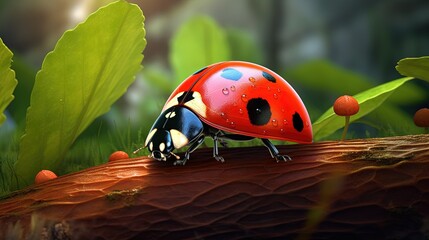  a lady bug sitting on top of a tree branch next to leaves.  generative ai