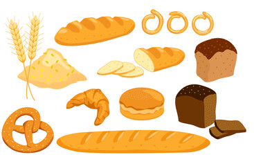 Vector bread icons set. Rye, whole grain and wheat bread. bakery pastry products. For design menu bakery. Vector illustration, isolated on white.