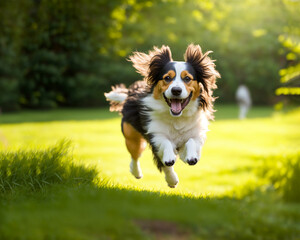 Obraz premium Happy dog walks in the yard of a country house