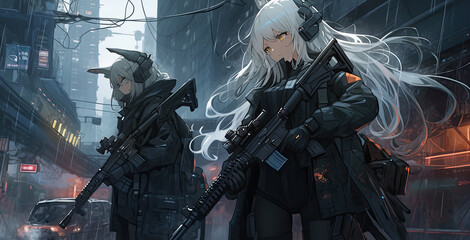 Female soilders with futuristic high tech weapons defending their home land in a dystopian big city - Generative AI
