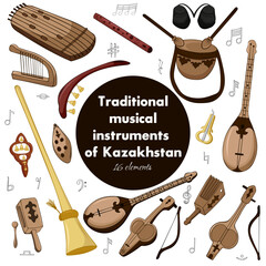 Kazakh traditional folk musiacal instruments icons set