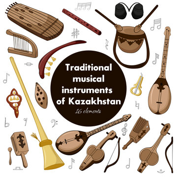 Kazakh traditional folk musiacal instruments icons set