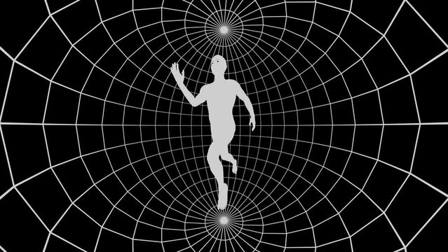 Distortion of space. The white silhouette of a man frozen in motion rotates with a white sphere on a black background. Seamless loop.